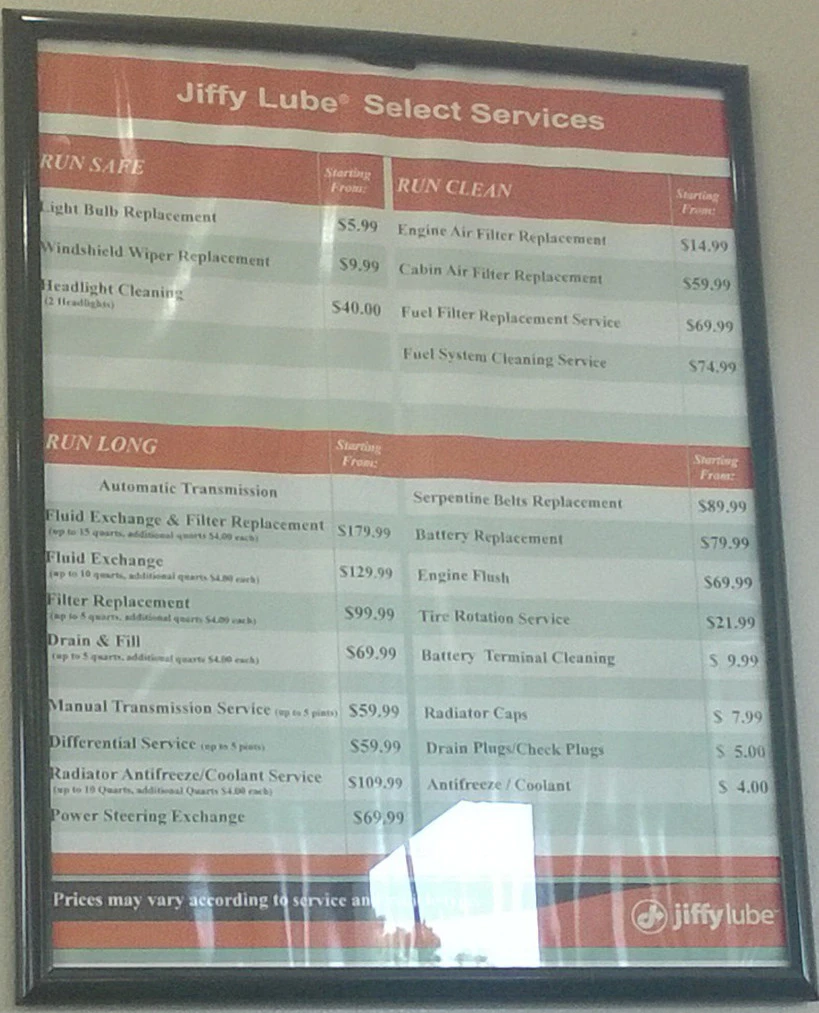 Jiffy Lubes prices